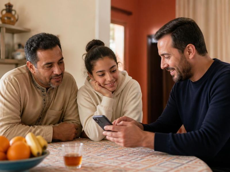 Un père et sa fille adolescente regardent les réglages d'un smartphone avec un professionnel, autour de la table familiale